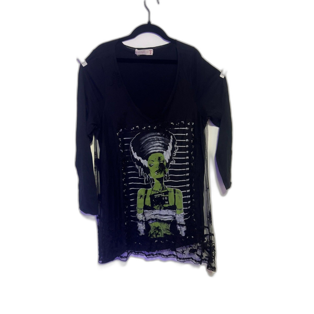 4 Love And Liberty Johnny Was Bride of Frankenstein Graphic Mesh Lace Tunic Top